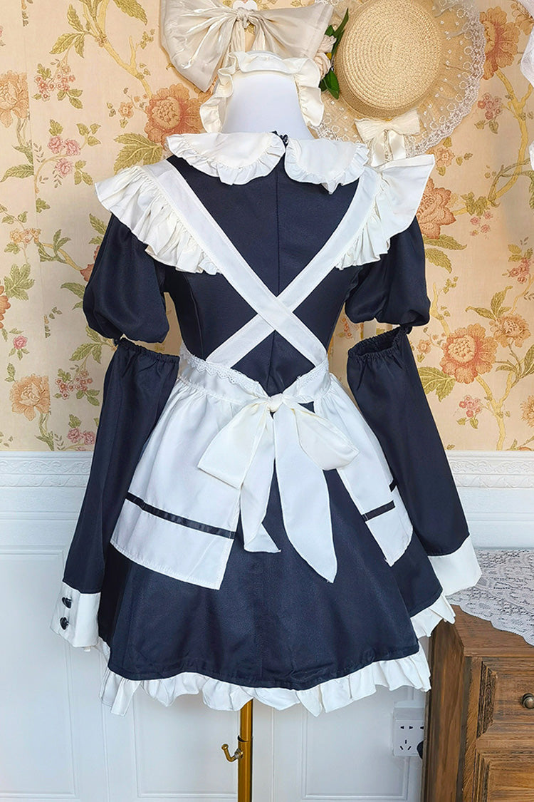 Black/White Short Sleeves Ruffle Bowknot Lace Plus Size Sweet Maid Short Lolita Dress - Product - 4