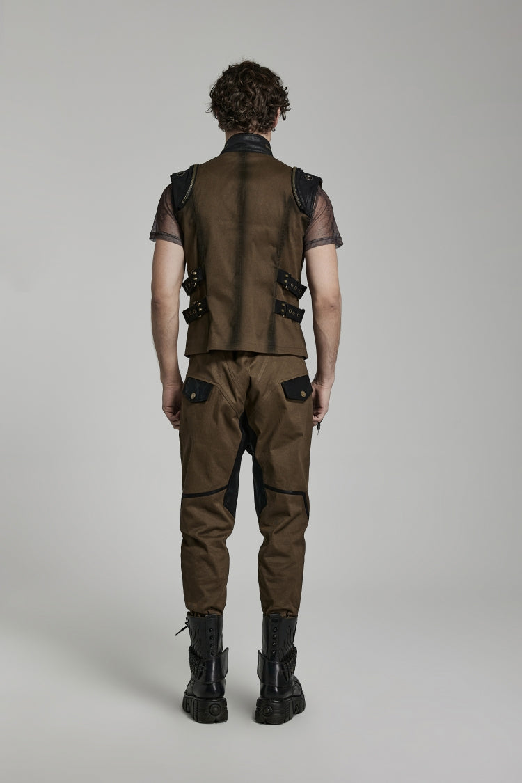 Brown Stand Collar Side Waist Webbing Decorative Stitching Mens Steampunk Vest - Product - 5