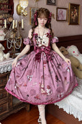 Red Sleeveless Rabbit Sunflower Print Ruffle Embroidery Bowknot Sweet Long Version (Set) front view