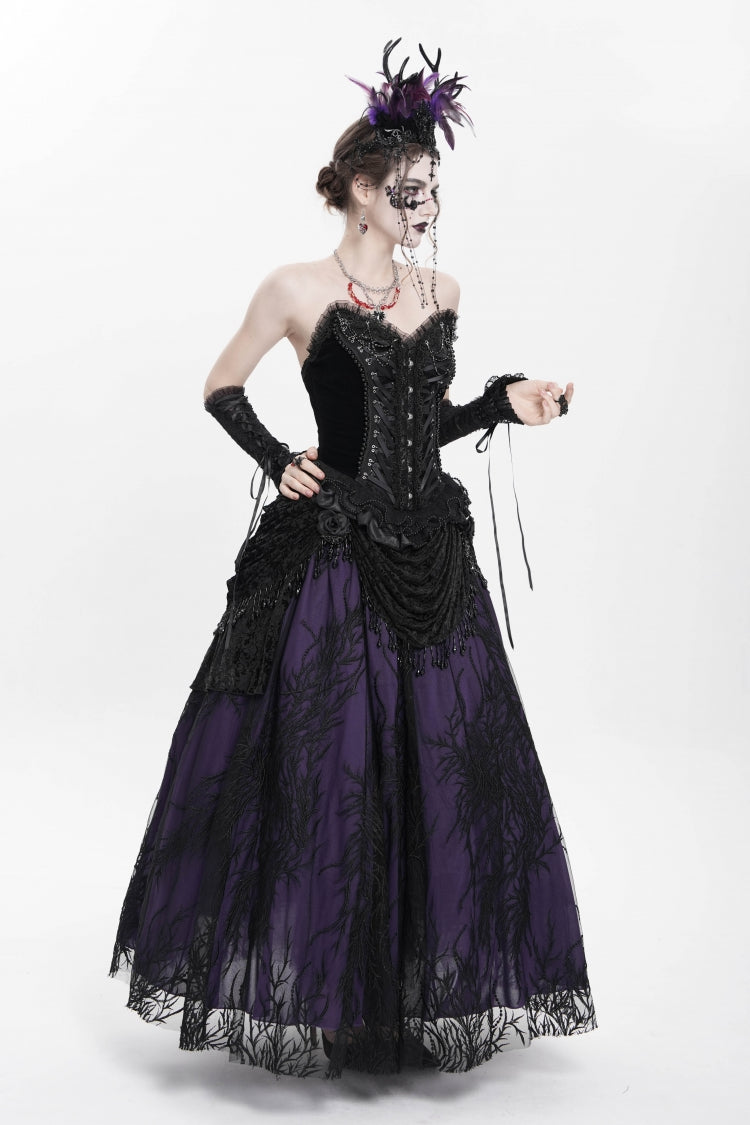 Black Sleeveless Beaded Lace Lace-Up Women's Gothic Overbust Corset - Product - 11