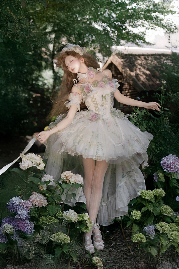 Green [Spring Rose] Sleeveless Multi-Layered Bowknot Lace-Up Fishbone Sweet Lolita Jsk Dress - Product - 14