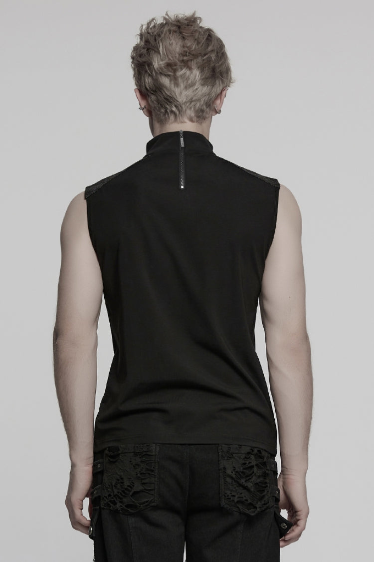 Black Sleeveless Stitching Mesh Eyelet Straps Men's Punk Vest - Product - 3
