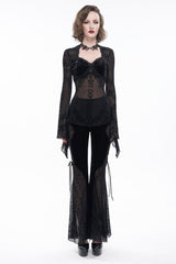 Black Velvet Mesh Splicing Metal Buttons Flared Sleeve Lace Women's Gothic T-Shirt - Product - 4