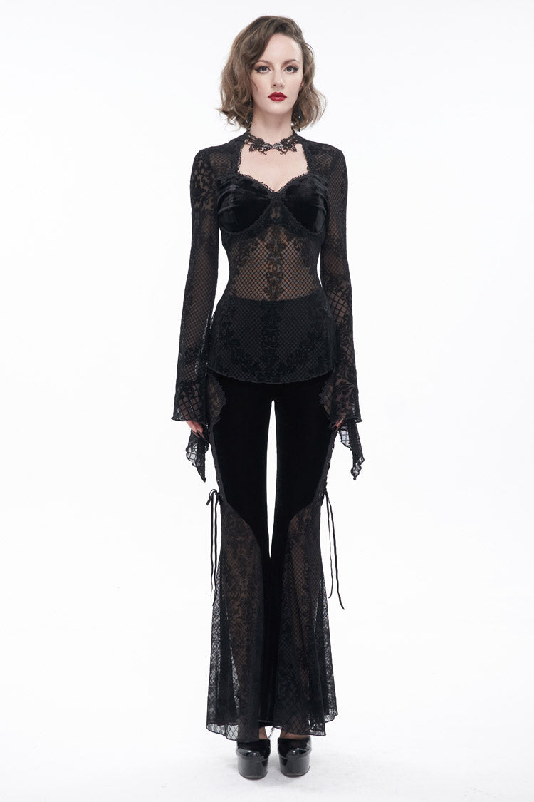 Black Velvet Mesh Splicing Metal Buttons Flared Sleeve Lace Women's Gothic T-Shirt - Product - 4