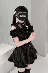 [Silver Candle Elegy”] Short Sleeves Printed Ruffled Cut-Out Bow Gothic Jirai Kei Top and Shorts Set 2 Colors - Product - 8