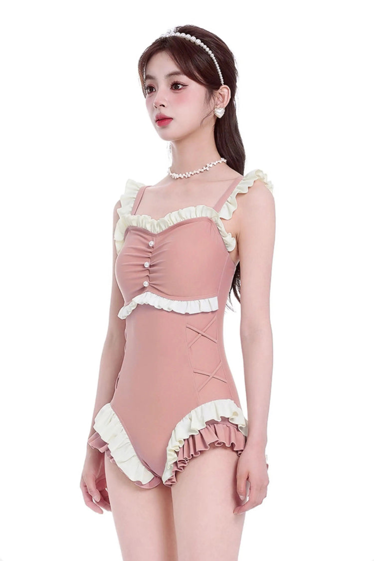 Peach Pink Square Collar Sleeveless Double-Layered Ruffled Lace-Up Pearl-Decorated Sweet Lolita One-Piece Swimsuit - Product - 5