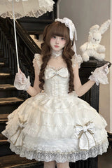White [Day and Night Duality] Square Collar Sleeveless Multi-Layered Jacquard Ruffled Bow Lace Sweet Lolita Jsk Dress - Product - 2