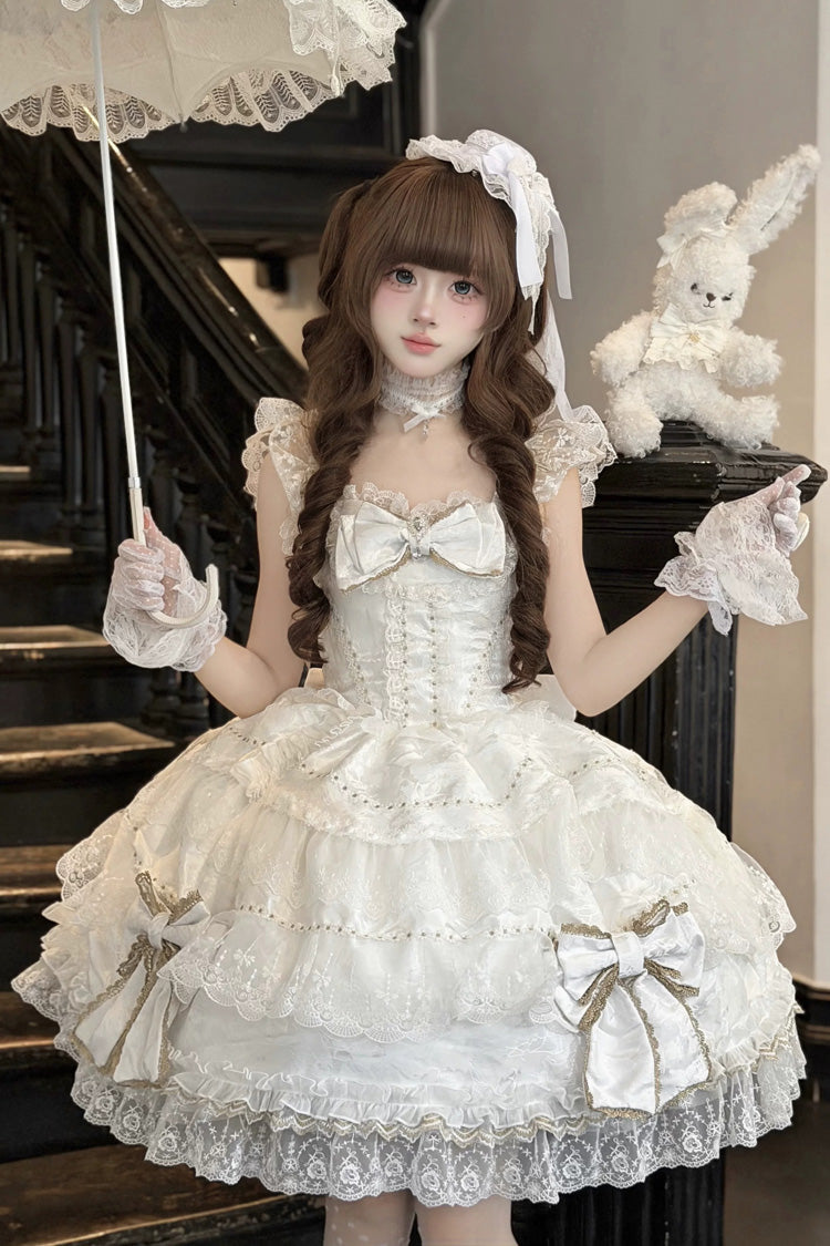 White [Day and Night Duality] Square Collar Sleeveless Multi-Layered Jacquard Ruffled Bow Lace Sweet Lolita Jsk Dress - Product - 2