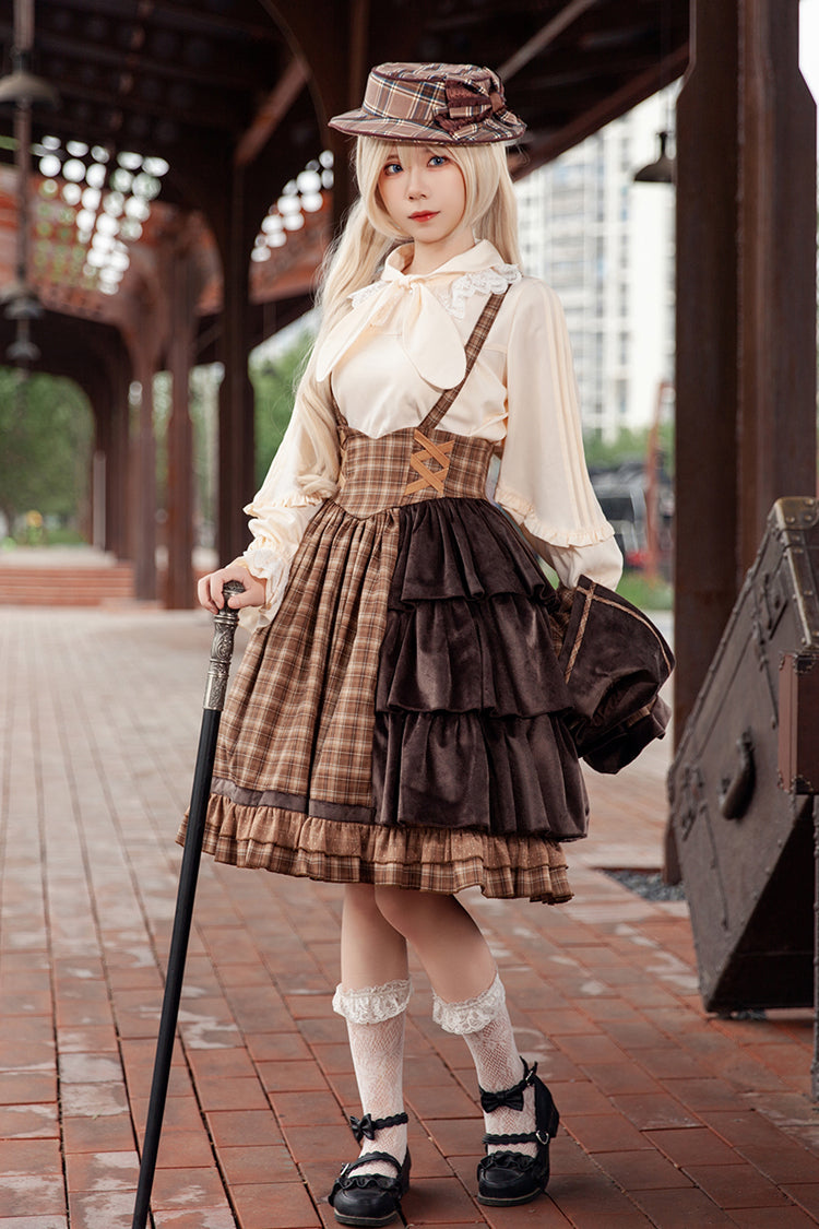 Brown [Morning Tune] Sleeveless High Waisted Print Ruffle Asymmetric Sweet Lolita Strap Dress - Product - 5