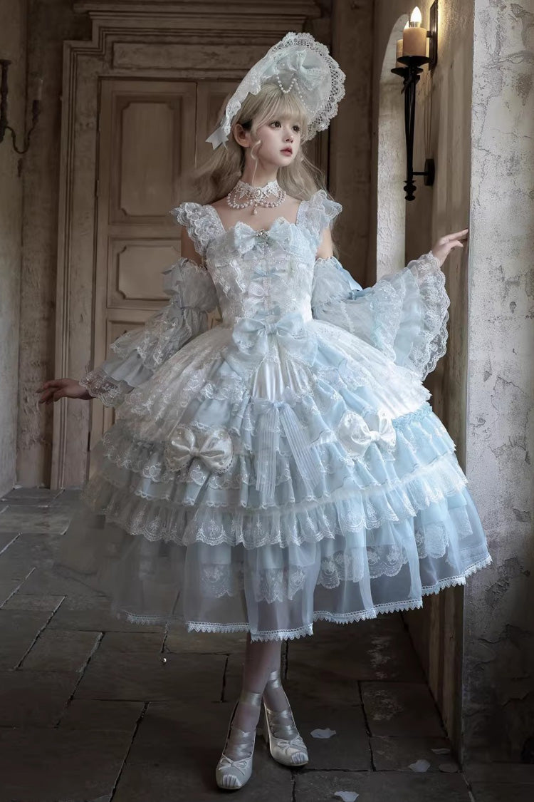 Blue [Prelude of Spring] Sleeveless Multi-Layered Ruffled Bow Lace Sweet Princess Lolita Jsk Dress - Blue - 1
