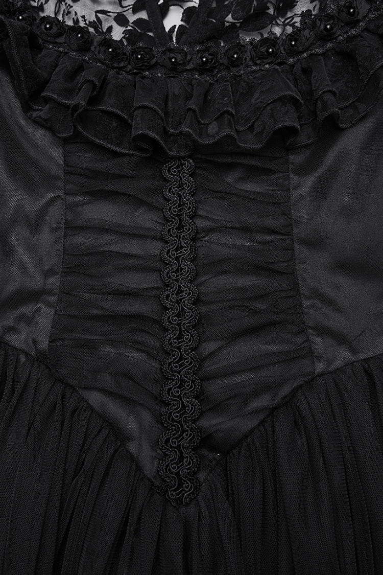 Black Stand Collar Hollow Embroidery Flocking Mesh Women's Gothic Formal Dress - Product - 6