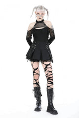 Black Off Shoulder Long Sleeves Cut-Out Spliced Mesh Women's Punk Top - Product - 6