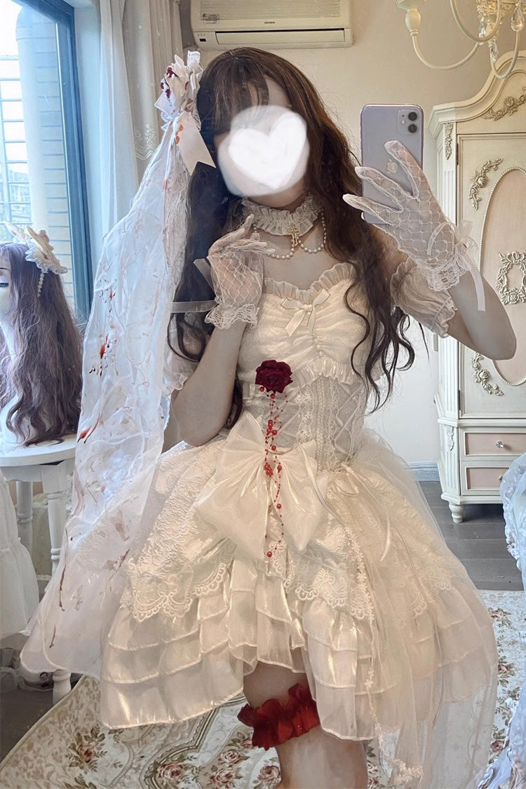 White [Blood Kiss Bride] Halterneck Multi-Layered Ruffle Hanayome Bowknot Lace Gothic Lolita Jsk Dress - Product - 2