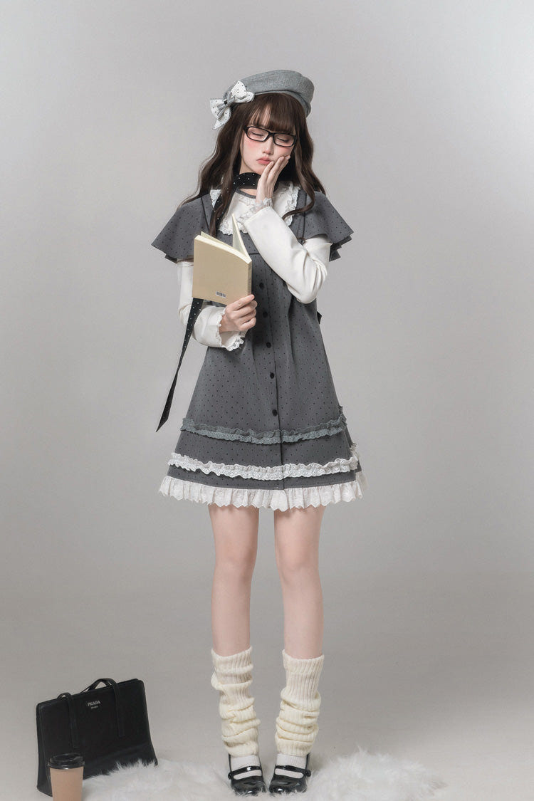 Grey Square Collar Long Sleeves Polka Dot Printed Ruffled Sweet Lolita Dress - Product - 2