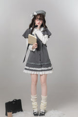 Grey Square Collar Long Sleeves Polka Dot Printed Ruffled Sweet Lolita Dress - Product - 2