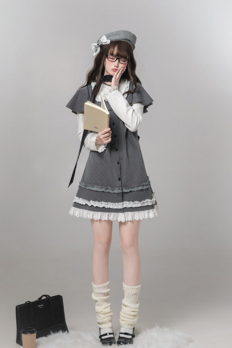 Grey Square Collar Long Sleeves Polka Dot Printed Ruffled Sweet Lolita Dress - Product - 2