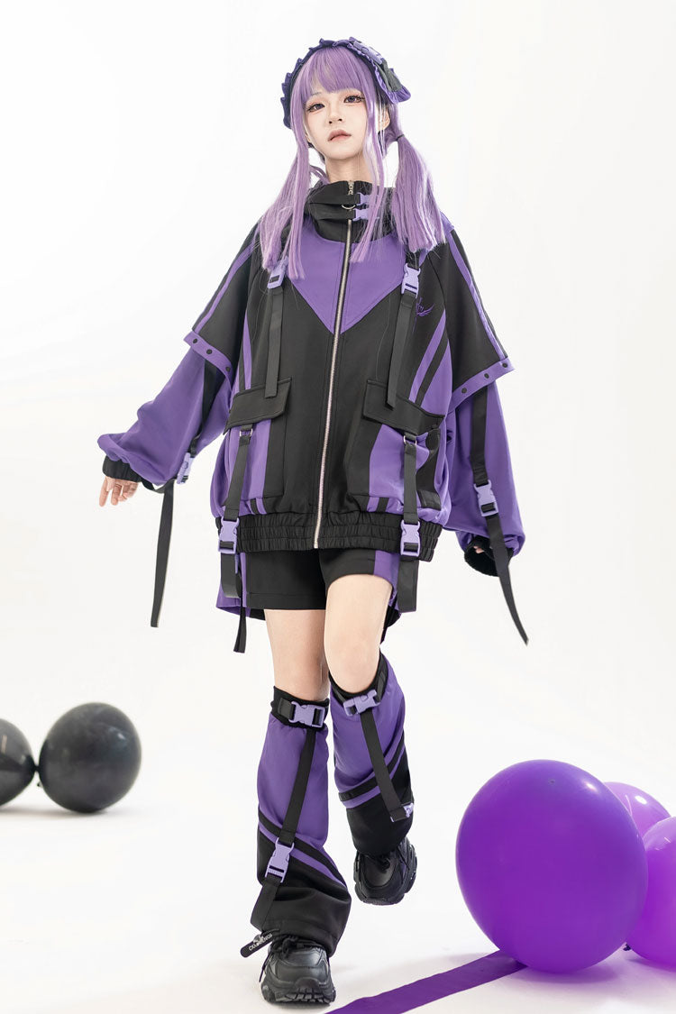 [Wing Light Machinery] Long Sleeves Print Jirai Kei Cool Coat 4 Colors - Black/Purple - 4