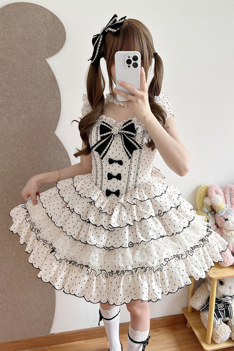 Beige Sleeveless Multi-Layered Polka Dots Printed Ruffled Bow Sweet Princess Lolita Jsk Dress - Beige - 1