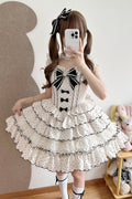 Beige Sleeveless Multi-Layered Polka Dots Printed Ruffled Bow Sweet Princess (Dress Only) front view