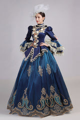 Blue Trumpet Sleeves High Waisted Three Dimensional Flower Hollow Embroidery Print Victorian Lolita Prom Dress - Product - 3