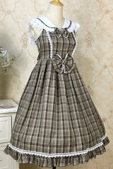 Plaid Print With Fake Collar High Waisted Sweet Lolita JSK Dress - Brown - 6