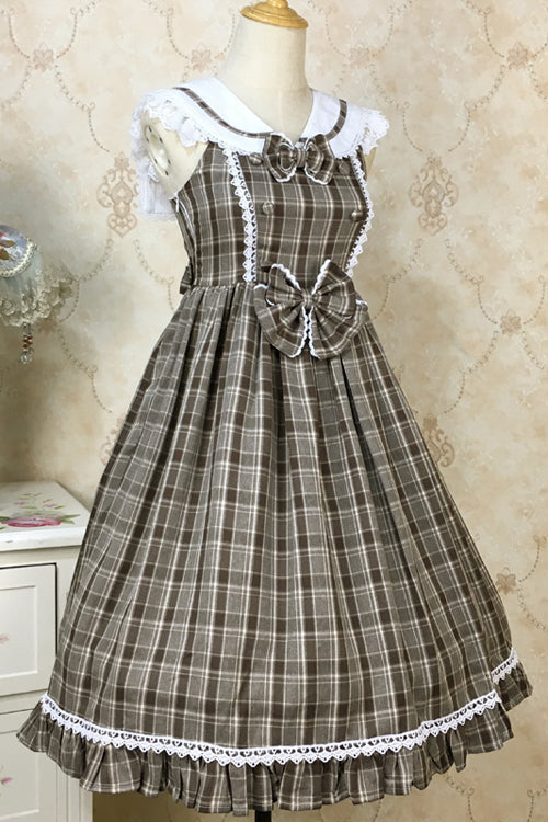 Plaid Print With Fake Collar High Waisted Sweet Lolita JSK Dress - Brown - 6