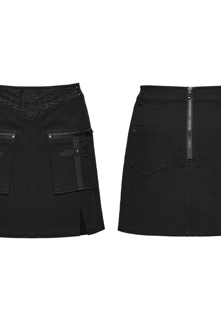 Black Embroidered Zippered Women's Punk Skull Embroidered Cool Big Pocket Skirt - Product - 10