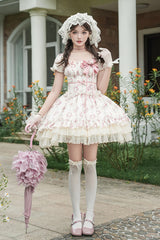 Ivory [Rose After The Rain] Short Sleeves Triple-Layered Print Ruffle Bowknot Lace-Up Sweet Lolita Short Dress - Product - 2