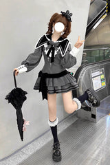 Black [Bizarre Rabbit Opera] Navy Collar Long Sleeves Print Ruffle Bowknot Gothic Lolita Dress - Product - 6
