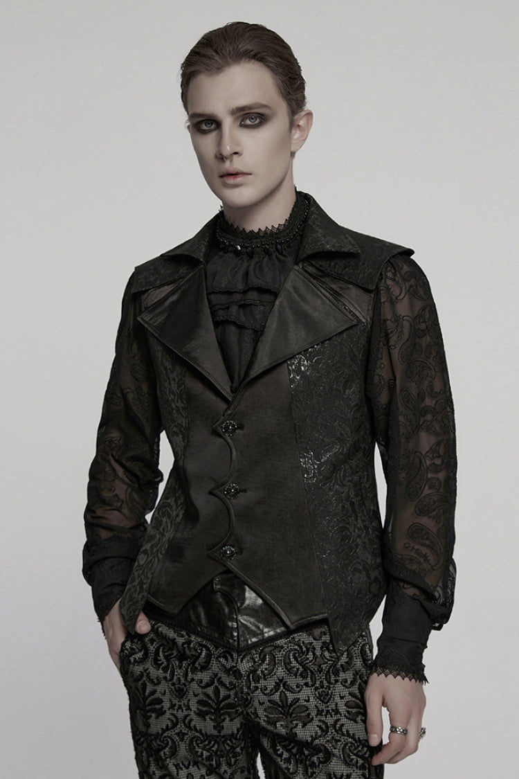 Black Lapel V Collar Long Sleeves Embroidery Men's Gothic Vest - Product - 2