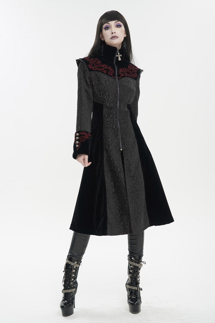 Black Jacquard Studded Mushroom Buckle Metal Cross Embroidered Women's Gothic Coat - Product - 3