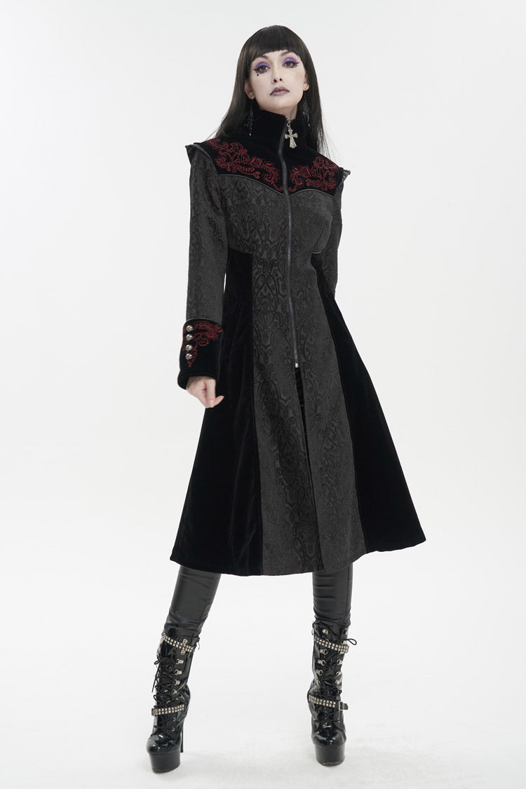 Black Jacquard Studded Mushroom Buckle Metal Cross Embroidered Women's Gothic Coat - Product - 3