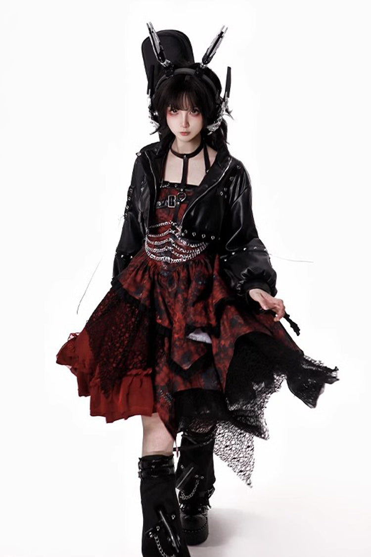 Red [Strawberries of Blood and Tears] Sleeveless Print Ruffle Bowknot Lace Asymmetric Gothic Lolita Jsk Dress - Product - 14
