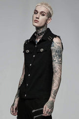 Black Punk Elastic Twill Fabric Featured Flap Pocket Metal Accessories Sleeveless Men's Vest - Product - 2