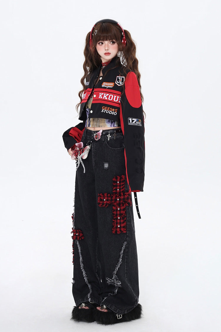 [Biker Girl] Long Sleeves Print Embroidery Zipper Detachable Jirai Kei Coat 3 Colors - Product - 9