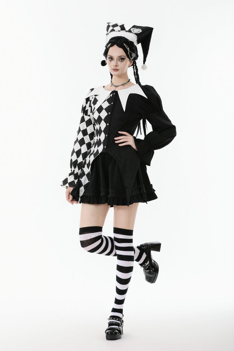 Black/White Harlequin Collar Diamond Pattern Color-Blocked Long Puff Flare Sleeves Women's Gothic Blouse - Product - 10