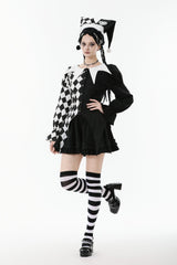 Black/White Harlequin Collar Diamond Pattern Color-Blocked Long Puff Flare Sleeves Women's Gothic Blouse - Product - 10