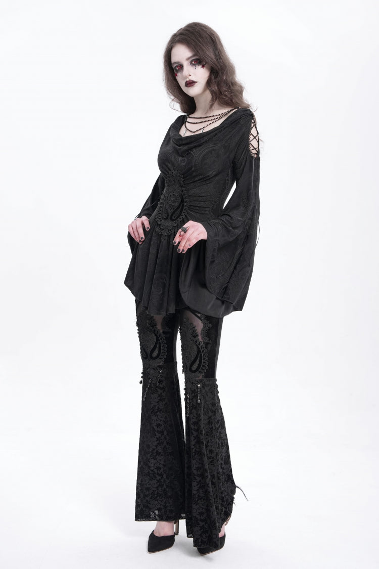 Black Long Trumpet Sleeves Print Embroidery Women's Gothic Blouse - Product - 10