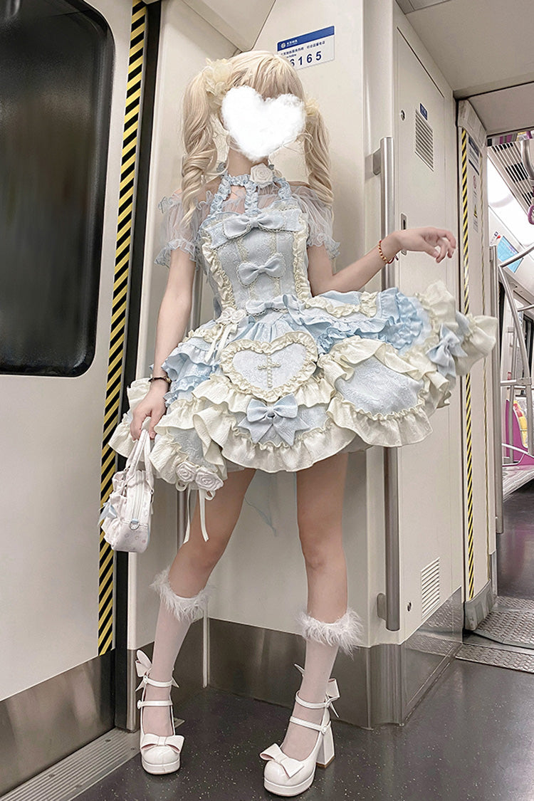 Blue [Heart of Butterfly] Halterneck Sleeveless Multi-Layered Ruffle Embroidery Princess Ballet Lolita Jsk Dress Set - Product - 5