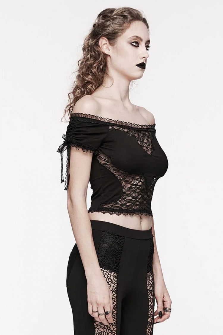 Black Off Shoulder Short Sleeves Hollow Bowknot Lace Women's Gothic Top - Product - 2