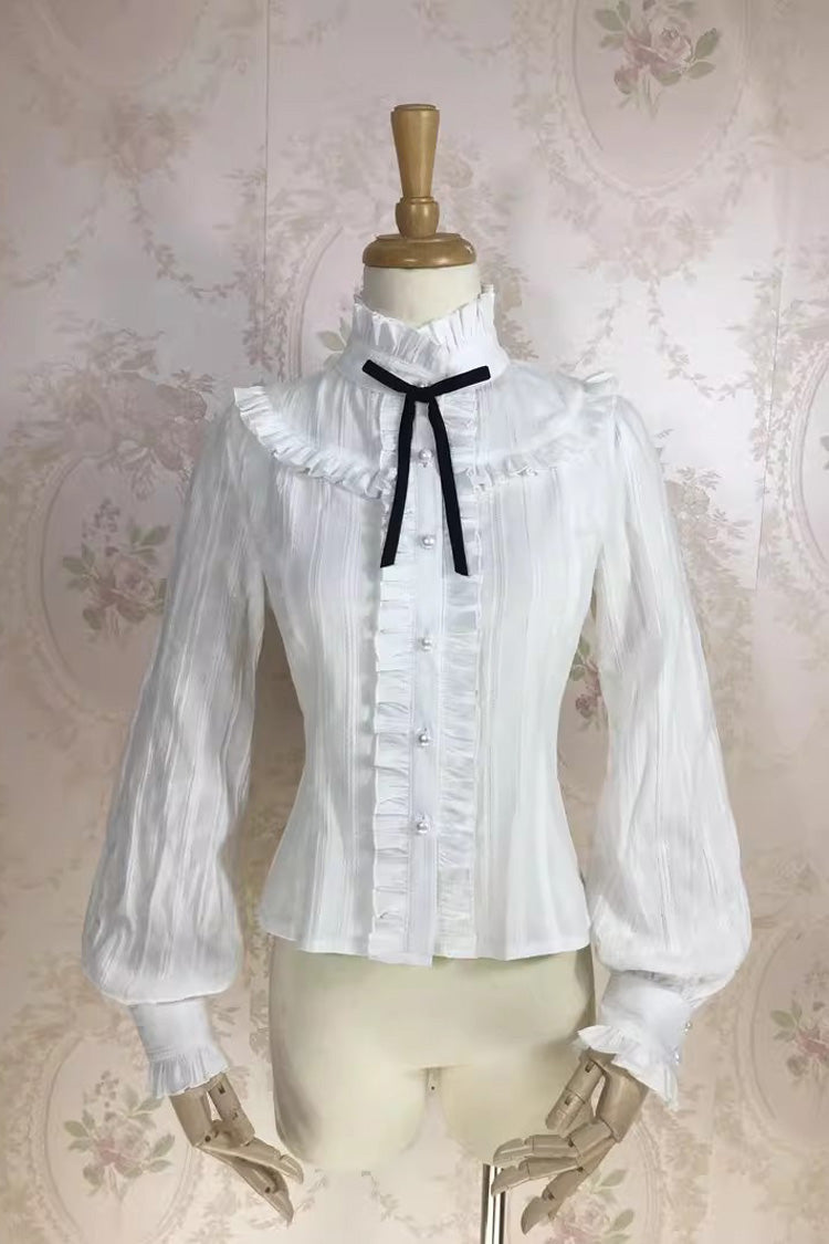 White Stand Collar Long Sleeves Jacquard Sweet Lolita Blouse - White - 1