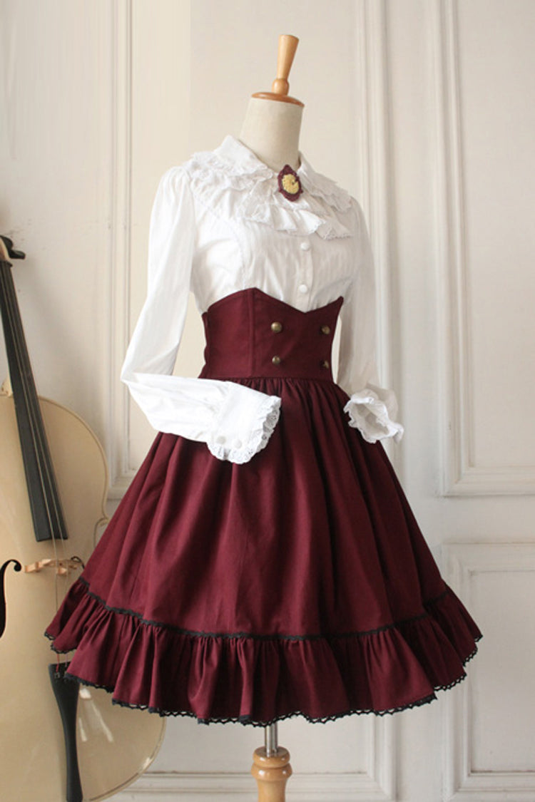Wine Vintage College Style High Waisted Fishbone Gothic Lolita Skirt Dress - Product - 2