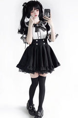 Black Solid Color Ruffle Lace Jirai Kei Japanese Strap Dress - Product - 4