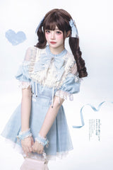 Blue/Aqua Short Sleeves Plaid Printed Ruffled Lace Sweet Jirai Kei Japanese Lolita Dress - Product - 5