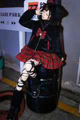 Black/Red [Night Cat] Plaid Print Ruffle Bowknot Hooded Sweet Lolita Skirt Coat - Product - 8