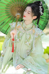 Green [Emerald Fantasy] Ming Dynasty Round Collar Long Sleeves Print Embroidery Sweet Hanfu Dress Set - Product - 6