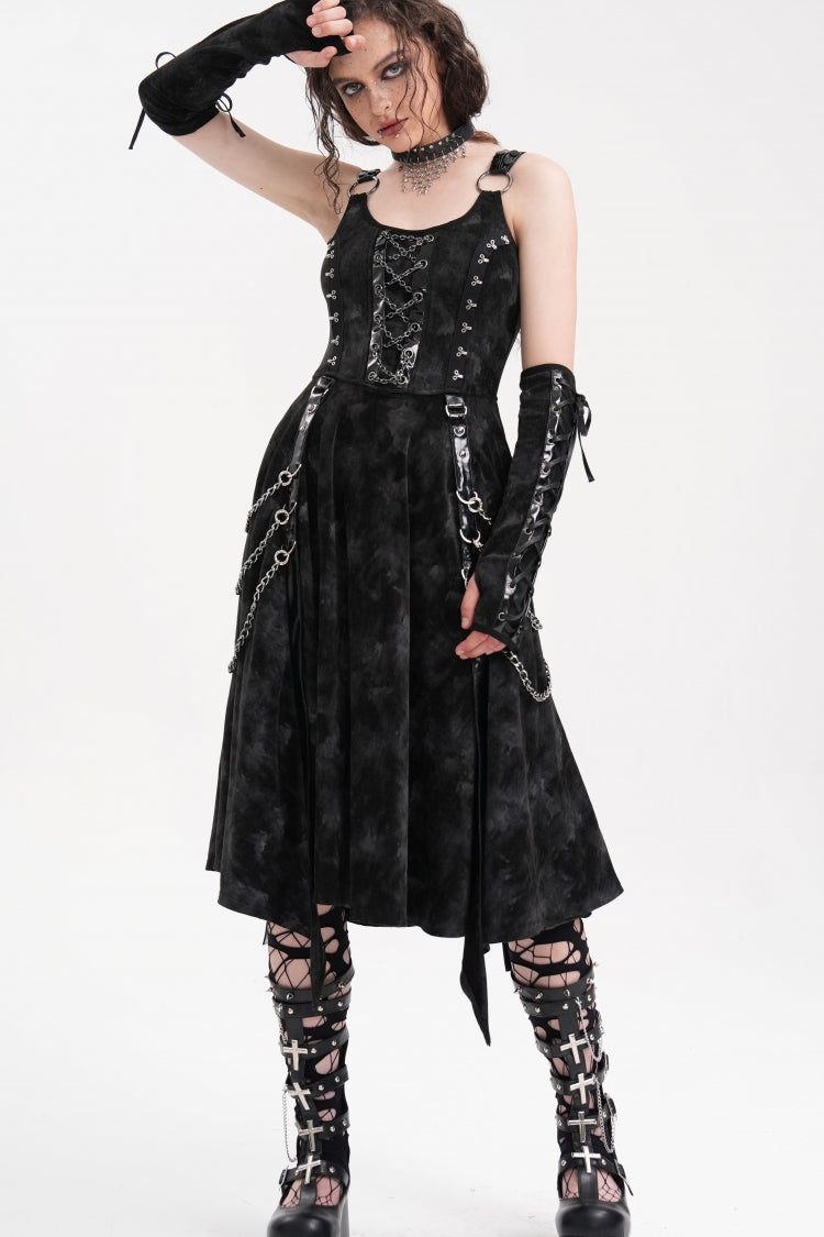 Black Chains Rings Lace-Up Women's Gothic Slip Dress with Gloves - Product - 3