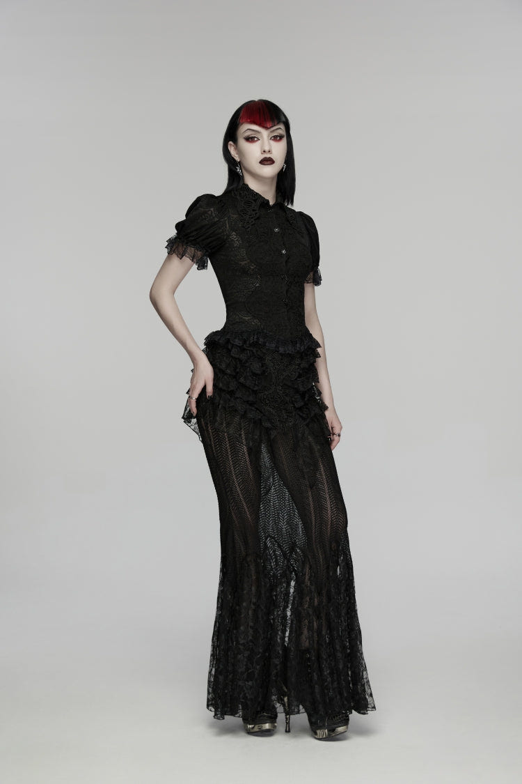 ブラック ラペルカラー ショート パフスリーブ Cut-Out レース レースアップ スリム レディース ゴシック ブラウス 商品画像