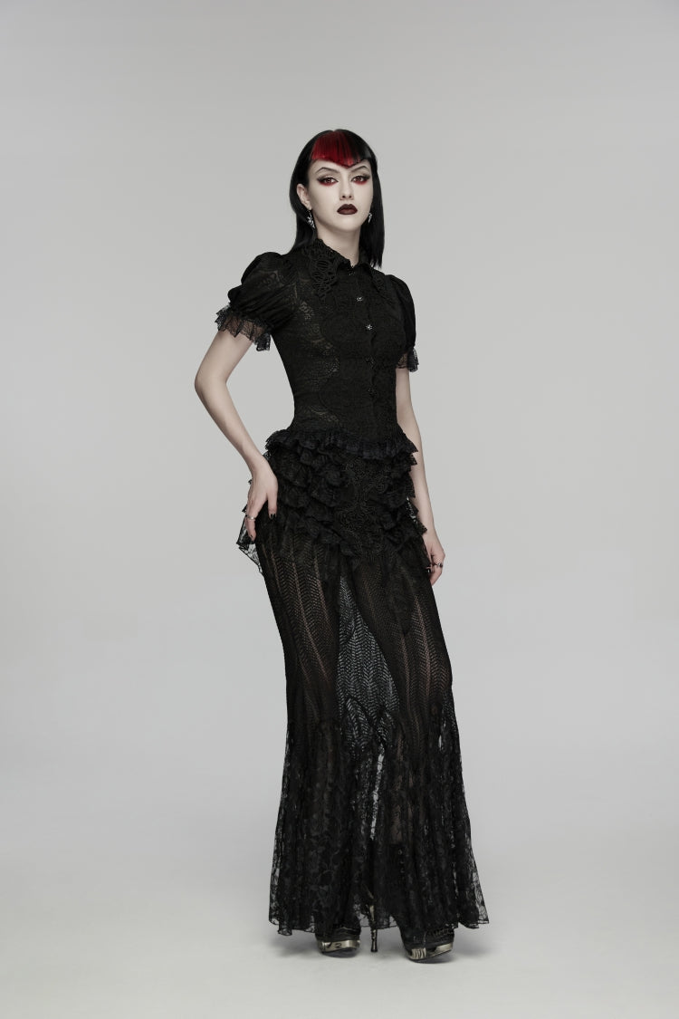 Black Lapel Collar Short Puff Sleeves Cut-Out Lace Lace-Up Slim Women's Gothic Blouse - Product - 5