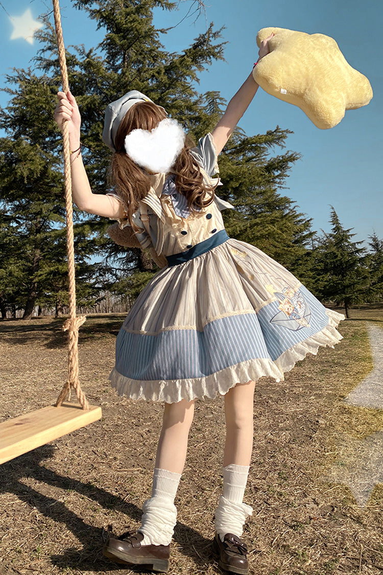 Blue/Ivory Catch The Stars Print Navy Style Sleeveless Ruffle Bowknot Sweet Lolita Dress - Product - 11